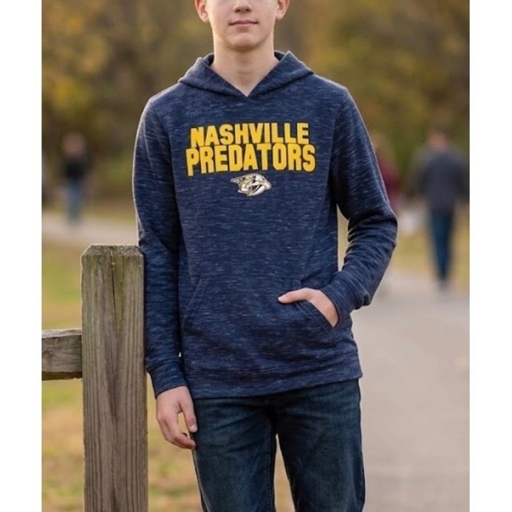 NHL Nashville Predators Youth‎ XXL 18 Navy Blue Heathered Pullover Hoodie Logo